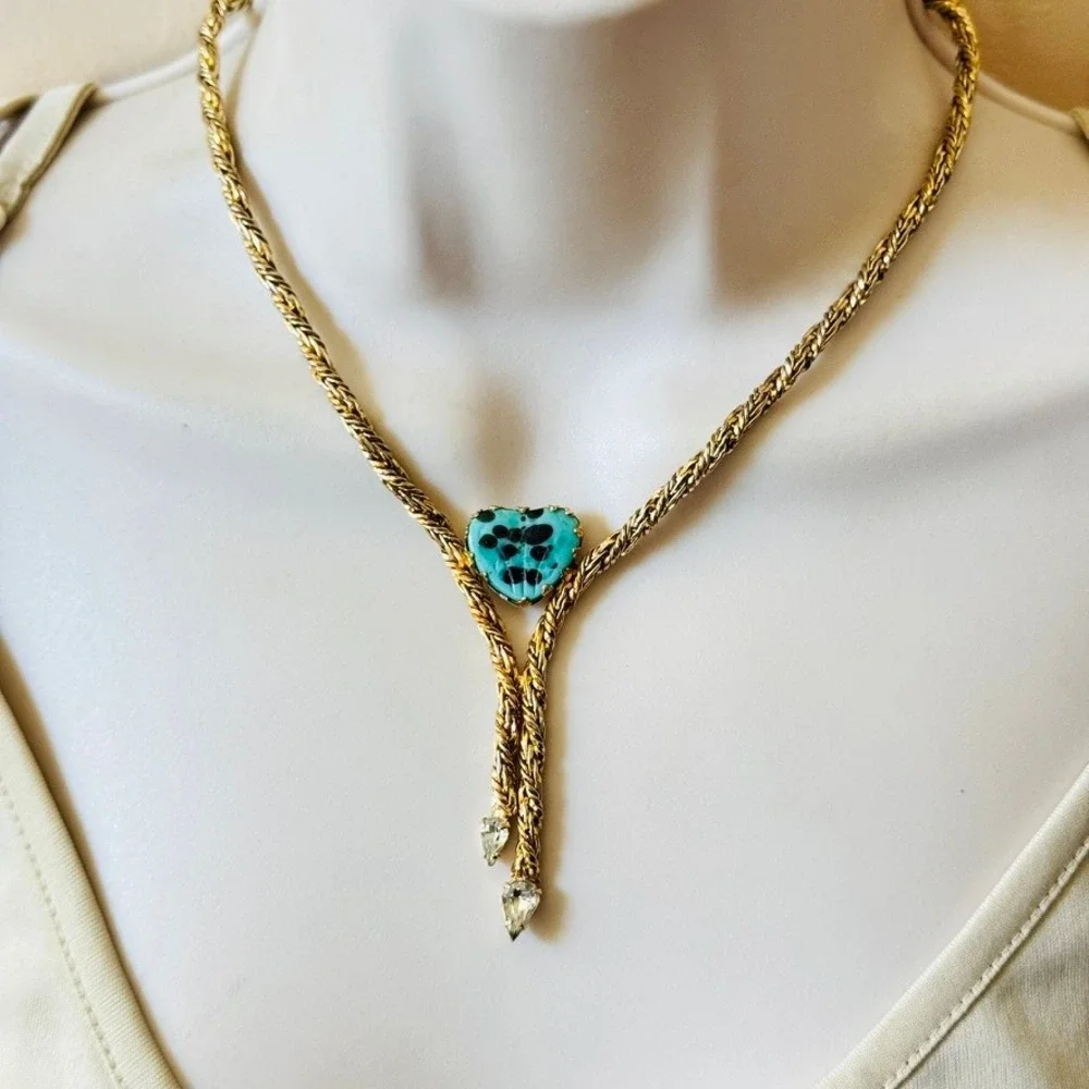 VTG Volupte Heart Necklace VTG Turquoise Glass Statement Rope Gold Whimsical 16